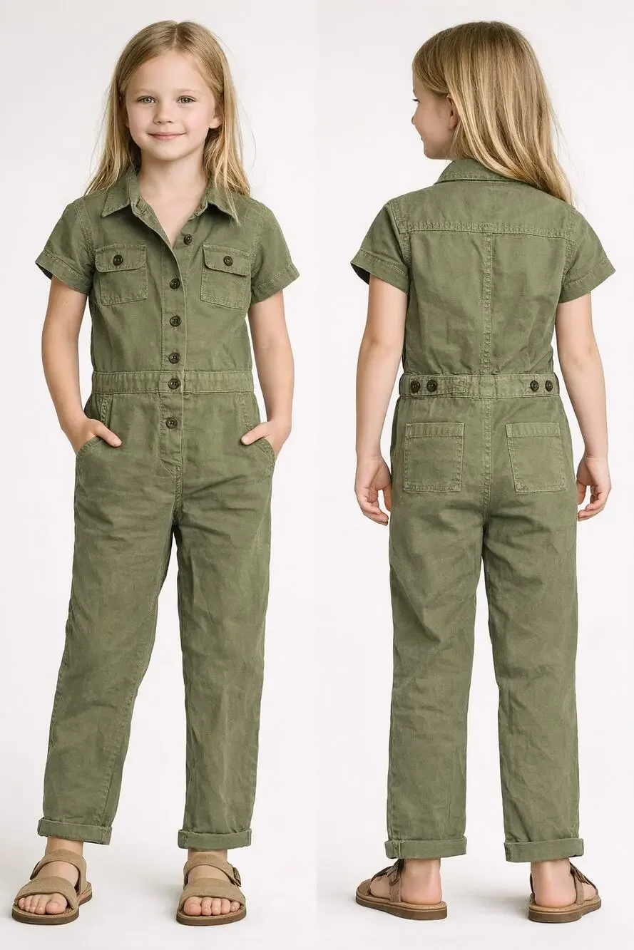 Outerknown S.E.A Utility Jumpsuit Olive Organic Cotton Linen Short Sleeve Kids 7